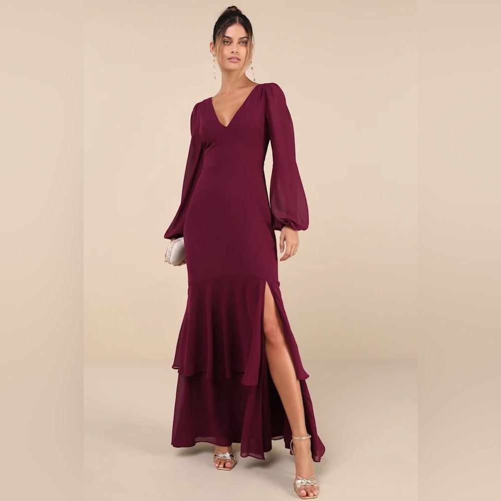 Lulus Tier Elegance Plum Purple Long Sleeve Tiered Maxi Dress